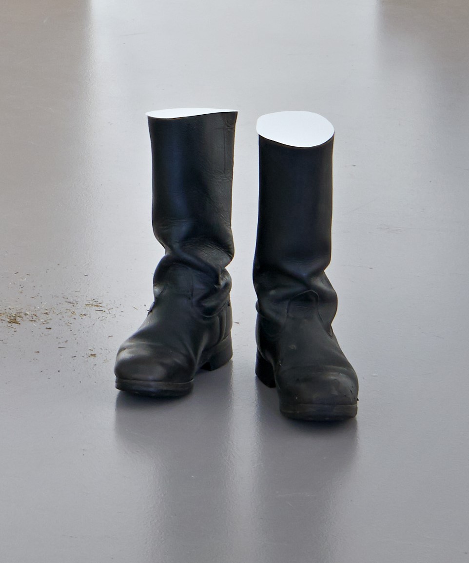 Anna Kolodziejska, untitled (boots), 2019, boots, paper, 28 x 12 x 35 cm